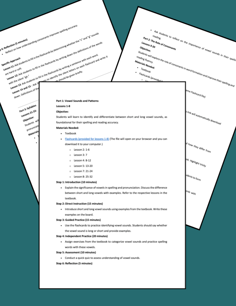 Lesson Plans for "Spelling, Writing and Reading for 7th and 8th Grade: Language Arts Curriculum"