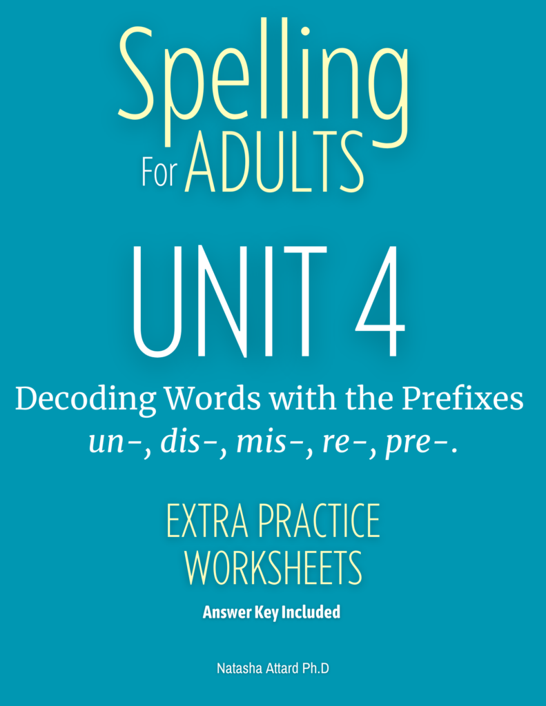 Spelling for Adults Supplementary Practice Program, Unit 4, Decoding Words with the Prefixes un-, dis-, mis-, re-, pre-.