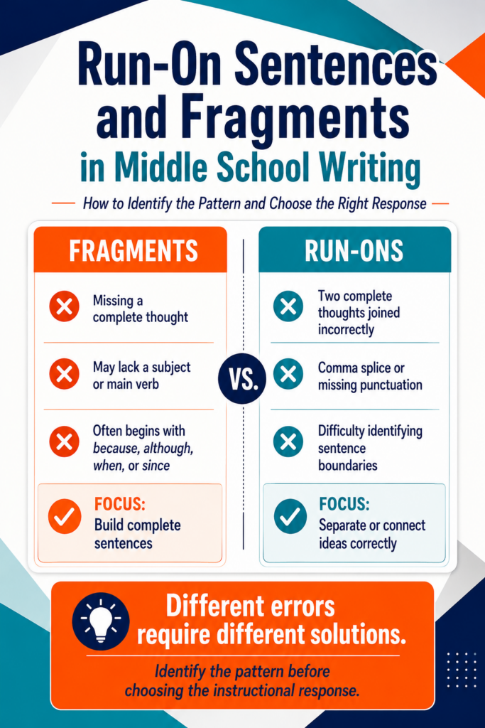 Run-On Sentences and Fragments in Middle School Writing: Identifying Which Error a Student Has and How to Address It