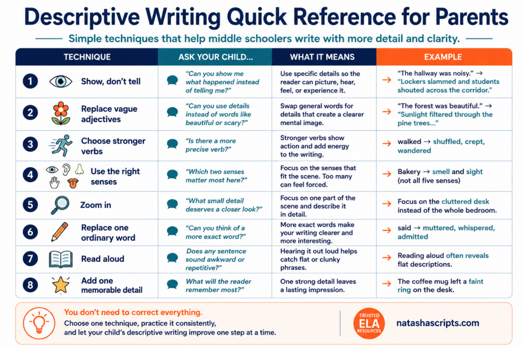 Descriptive Writing Quick Reference Guides for Parents (middle school)