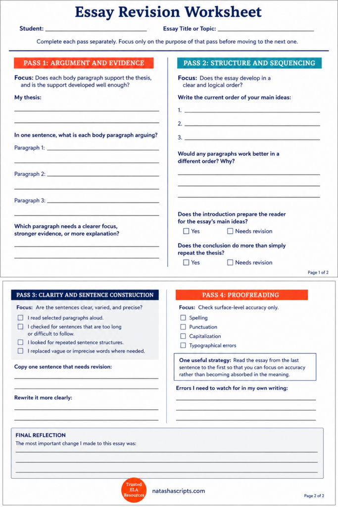 Essay Revision Worksheet for High School