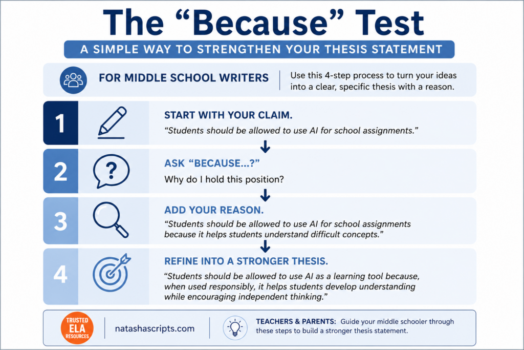 The because test for middle school writers to strengthen thesis statement