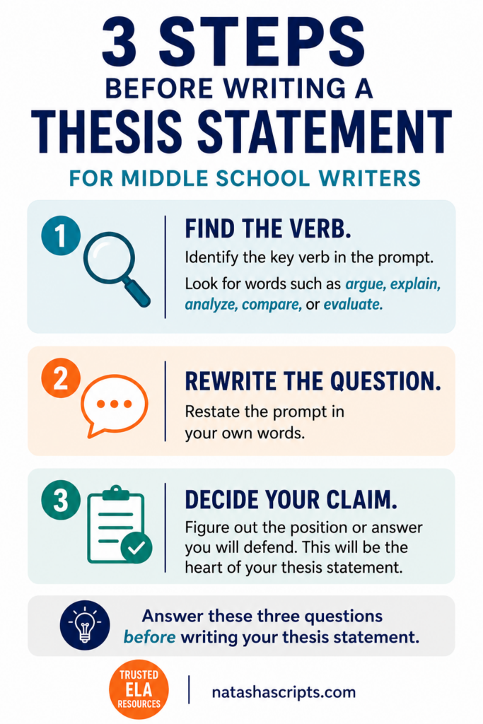 Three steps before writing a thesis statement for middle school writers.
