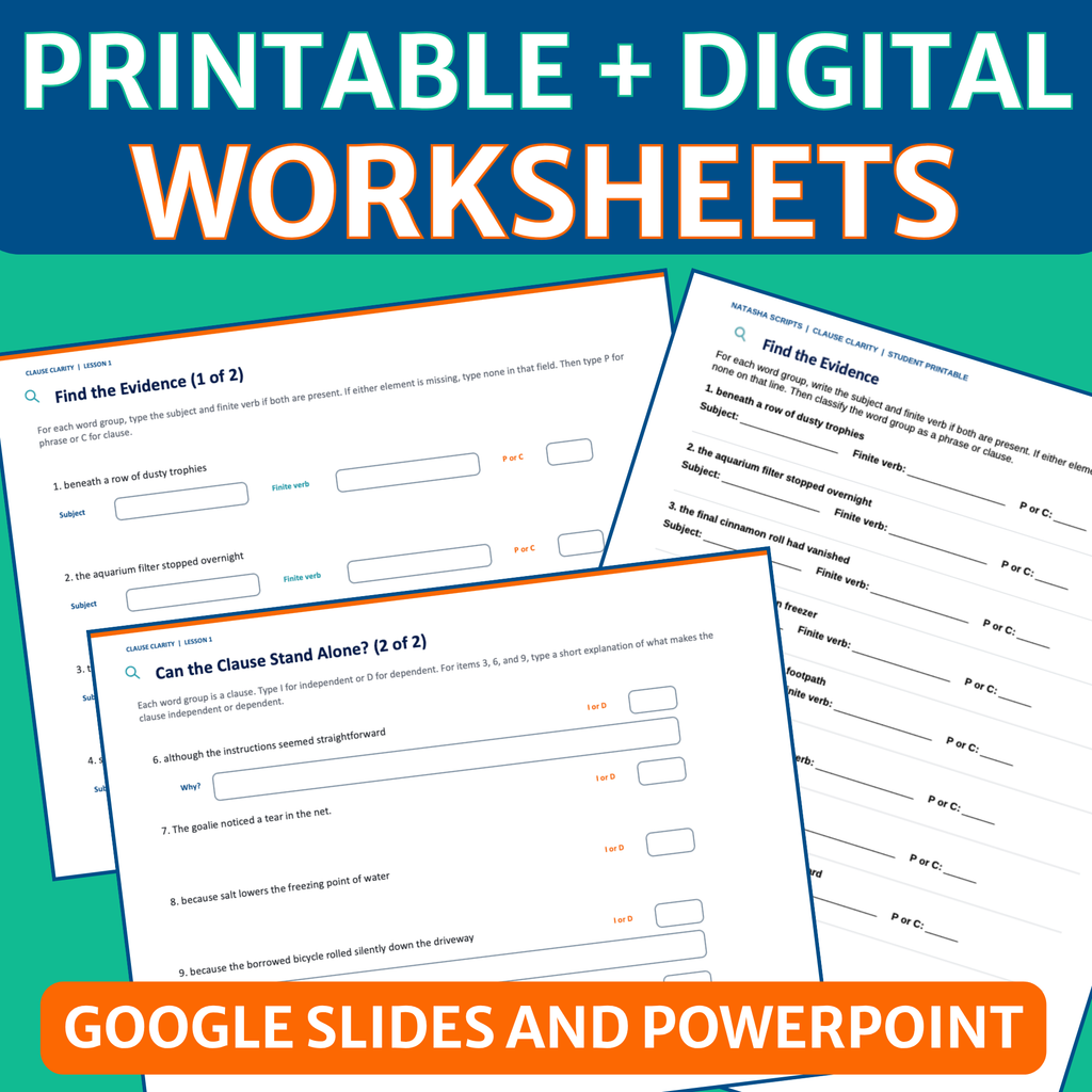 Printable and Digital Worksheets for dependent, independent, noun, relative, and adverbial clauses for grades 7-10