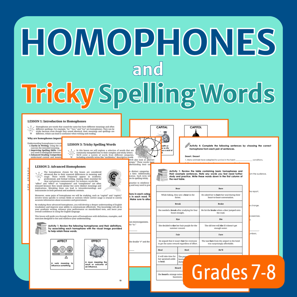 Homephones and tricky spelling words ready-made lessons and worksheetsfor grades 7-8