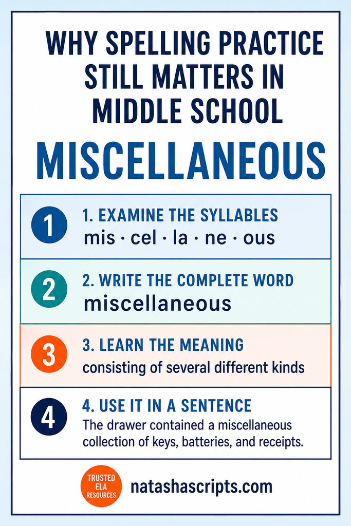 Middle school spelling practice using syllabification, whole-word writing, meaning, and sentence application.