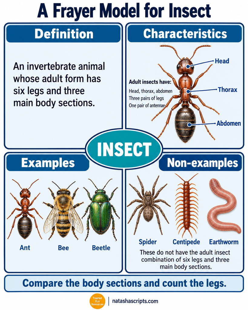 A Frayer model for insect, for middle school vocabulary