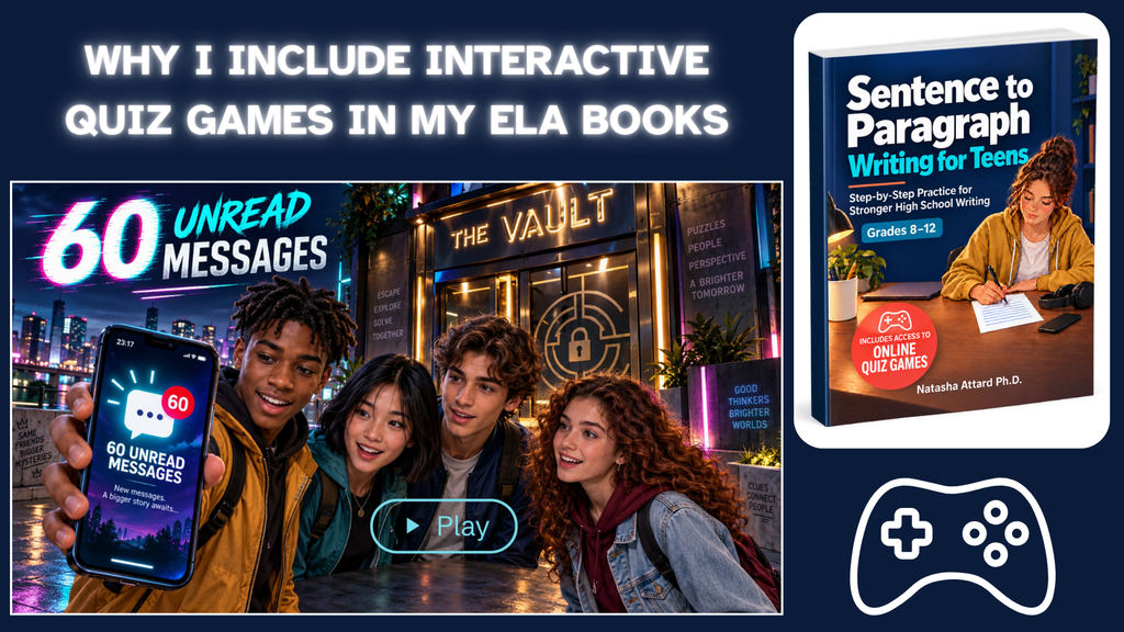 Why I include interactive quiz games in my ela books: spelling high school; quick daily grammar for high school; sentence to paragraph writing for teens.