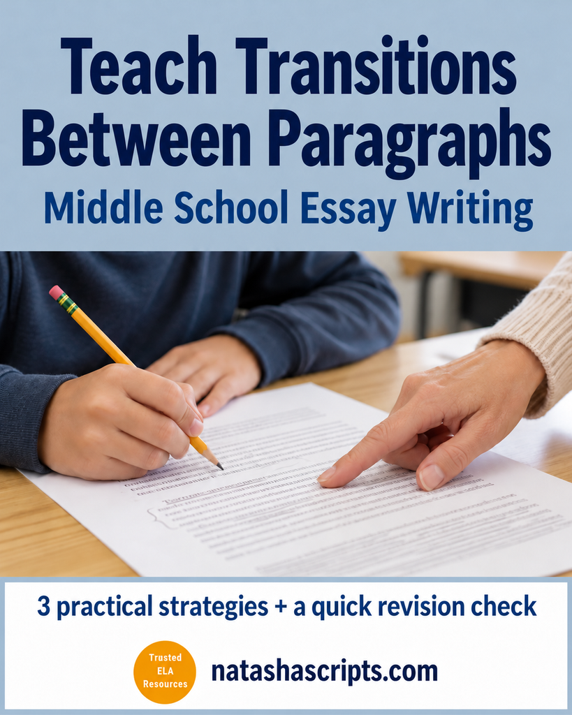 Teach transitions between paragraphs: middle school essay writing.